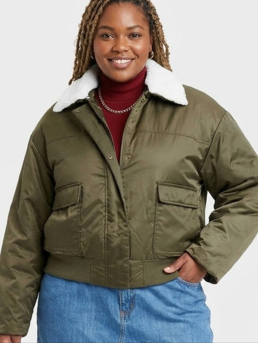 Universal Thread Olive Green Bomber Jacket with White Collar